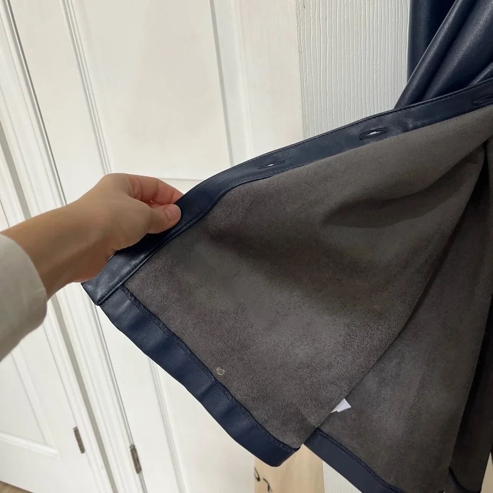 Ann Taylor Navy Faux-Leather Button-Front Midi Dress with Tie Waist - Picture 7 of 8